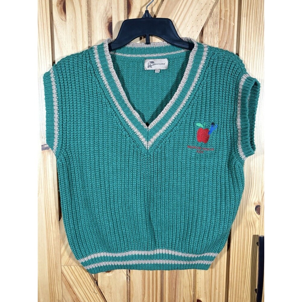 Weekend House Kids Knit V-Neck Sweater Vest Green Embroidered Apple Size 9/10